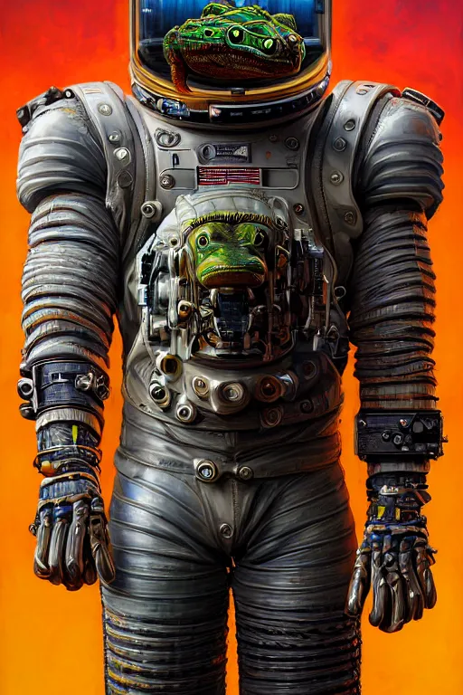 Image similar to a portrait of a muscular anthropomorphic cyberpunk caiman lizard space mechanic in spacesuit armor with ensignia on chest plate by sandra chevrier, by jon foster, detailed render, pistol in holster, tape deck, epic composition, cybernetics, 4 k realistic, cryengine, realistic shaded lighting, sharp focus, masterpiece, by enki bilal