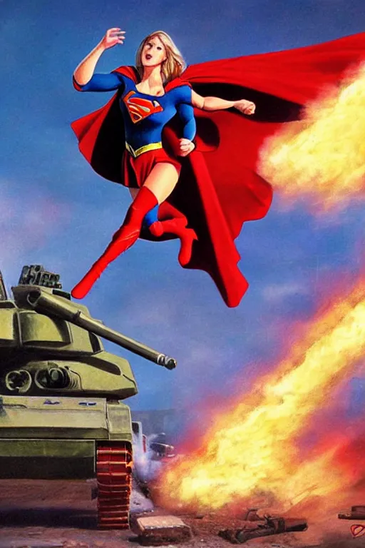Prompt: a dramatic scene of supergirl leaping onto a tank and smashing it, on a battlefield, smoke, fires, explosions, comic art by jim burns, close - up, low angle, wide angle, highly detailed