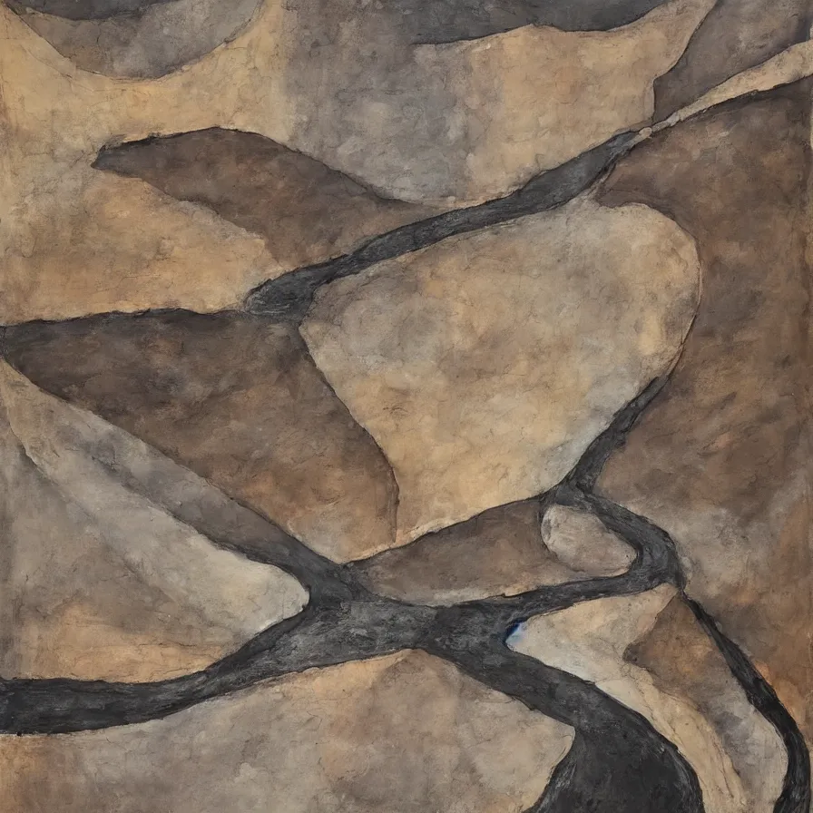 Prompt: Expressionist artwork illustrating a road that plunges into the horizon, inspired by photographers such as Aaron Siskind using earth-tone color palette.