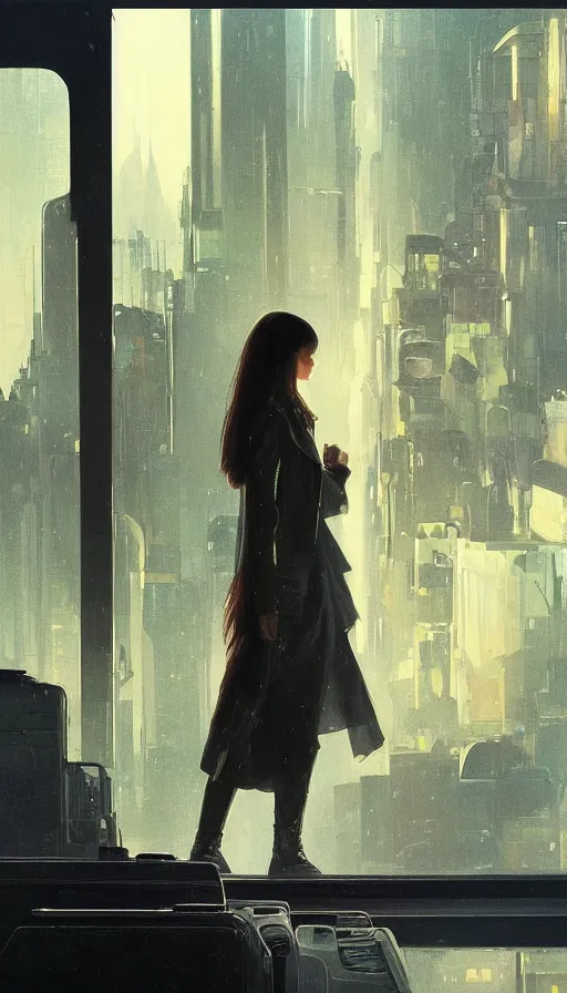 Image similar to hailee steinfeld, omicron, 2 0 1 8 blade runner movie still girl look at the cityscape from roof perfect face fine realistic face pretty face neon puffy jacket blue futuristic sci - fi elegant by denis villeneuve tom anders zorn hans dragan bibin thoma greg rutkowski ismail inceoglu illustrated sand storm alphonse mucha