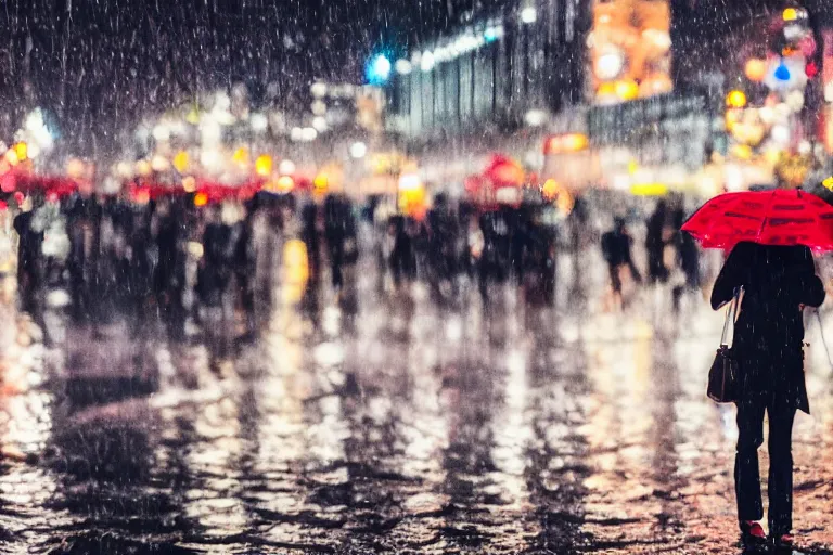 Prompt: canon, 300mm, bokeh, city at night, raining, reflections, people with umbrellas