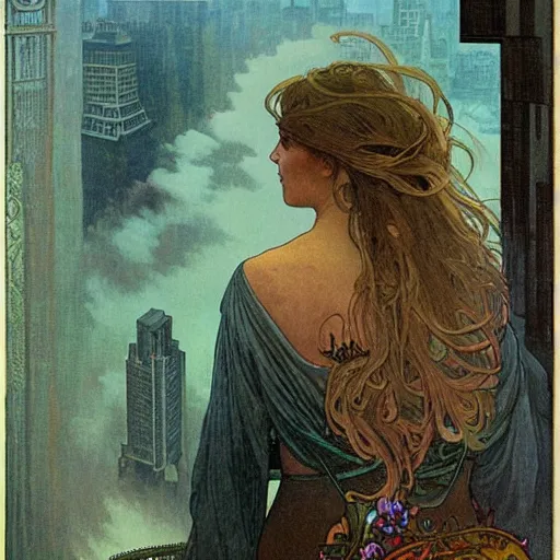 Image similar to “ a girl standing on a ledge looking down at a futuristic new york city below, fog, storm clouds, rain, detailed face, oil painting, by alphonse mucha ”