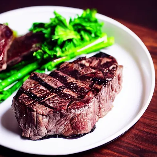 Image similar to high resolution photo of rib eye steak, michelin star, very tasty, food photography, instagram!!, trending