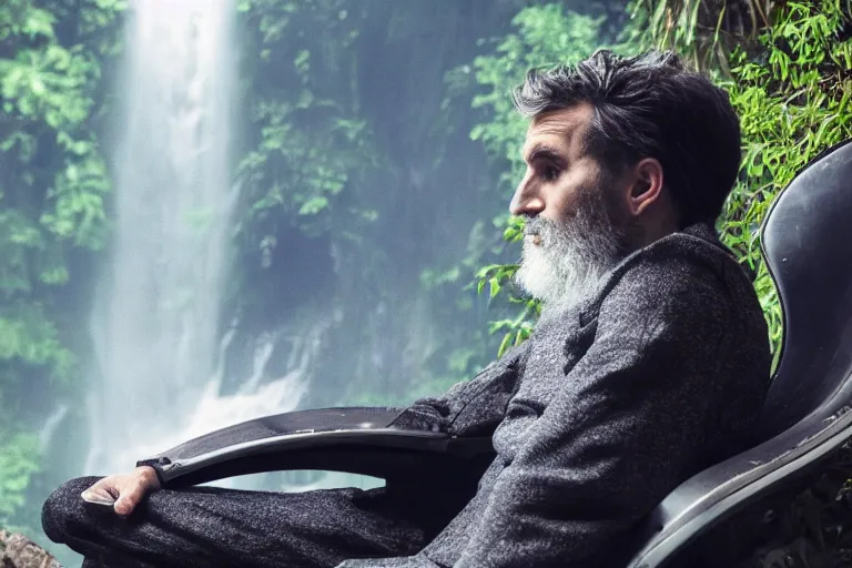 Image similar to movie closeup young man with a grey beard in a cyberpunk suit sitting on a futuristic chair at the edge of a jungle waterfall by emmanuel lubezki