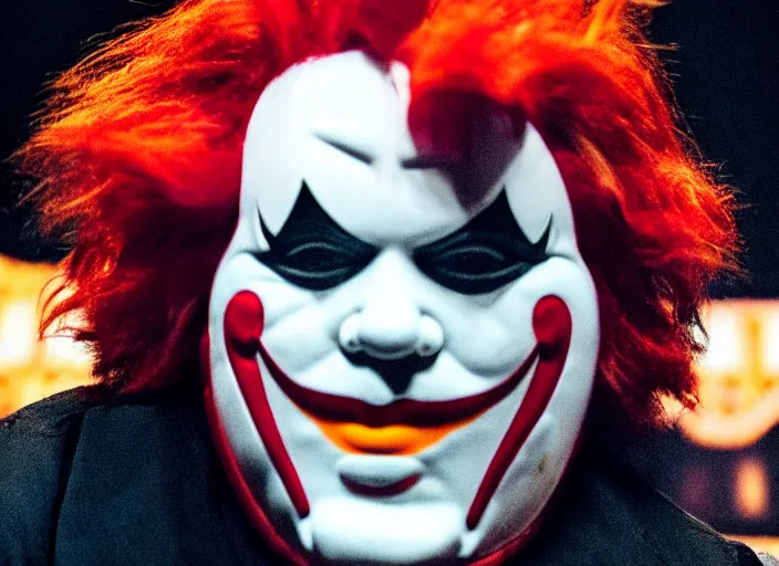 Image similar to publicity photo still of ronald mcdonald wearing a slipknot mask touring with slipknot live on stage, 8 k, live concert lighting, mid shot