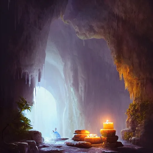 Prompt: cozy, hotspring hidden in a cave, candlelight, towels, cushions, plates of fruit, no people natural light, lush plants and flowers, elegant, smooth cave rock, fantasy, atmospheric lighting, digital painting, Greg Rutkowski concept art