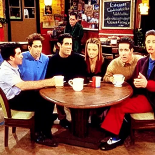 Image similar to photo of the seinfeld cast sitting in the central perk coffee shop from friends, 9 0 s tv promotional image