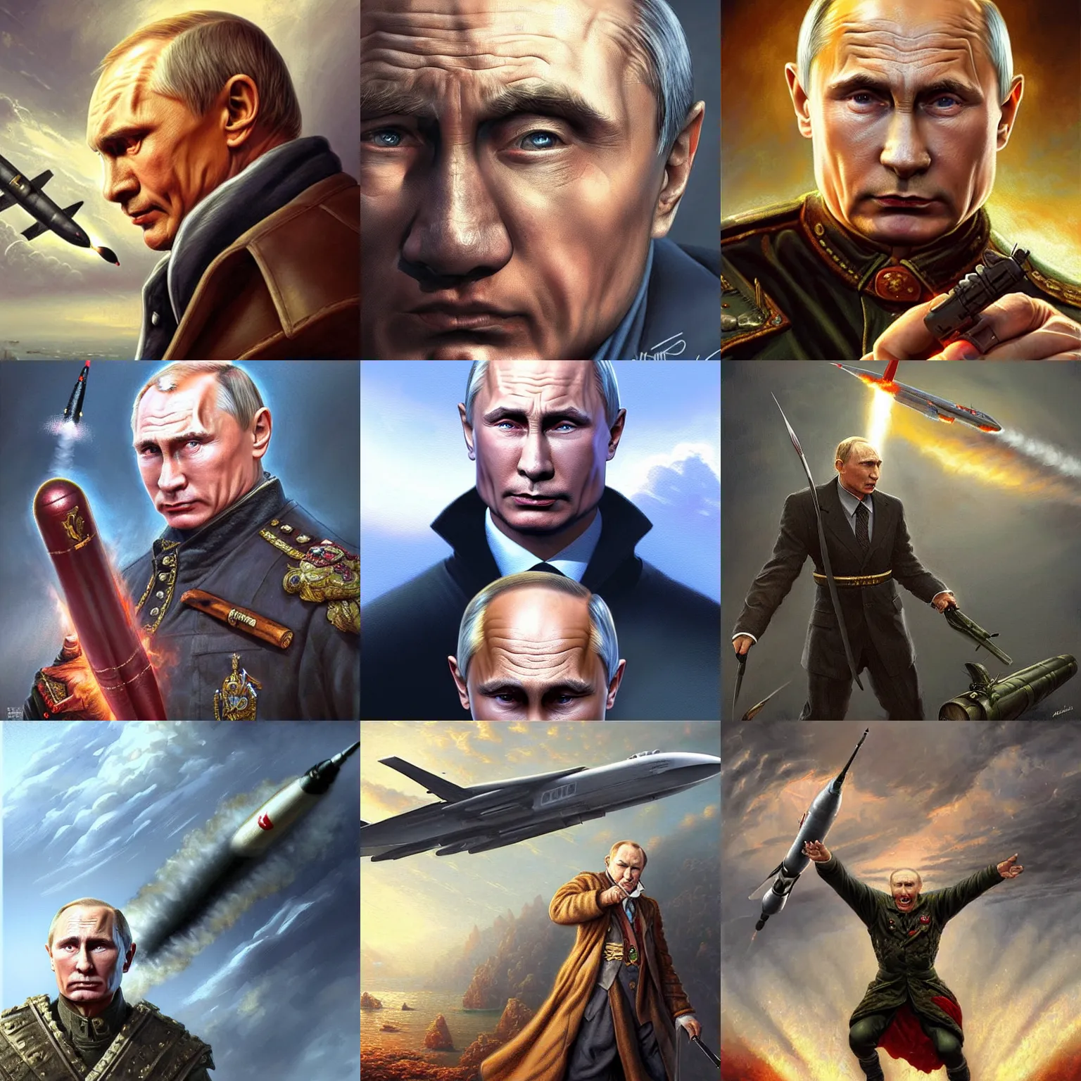 Prompt: very old and angry vladimir putin, very detailed, threating by a model of a cruise missile. artwork by artgerm, wide angle, fantasy, highly detailed, digital painting, artstation, smooth, sharp focus, art by thomas kinkade and h. r. giger and tyler edlin