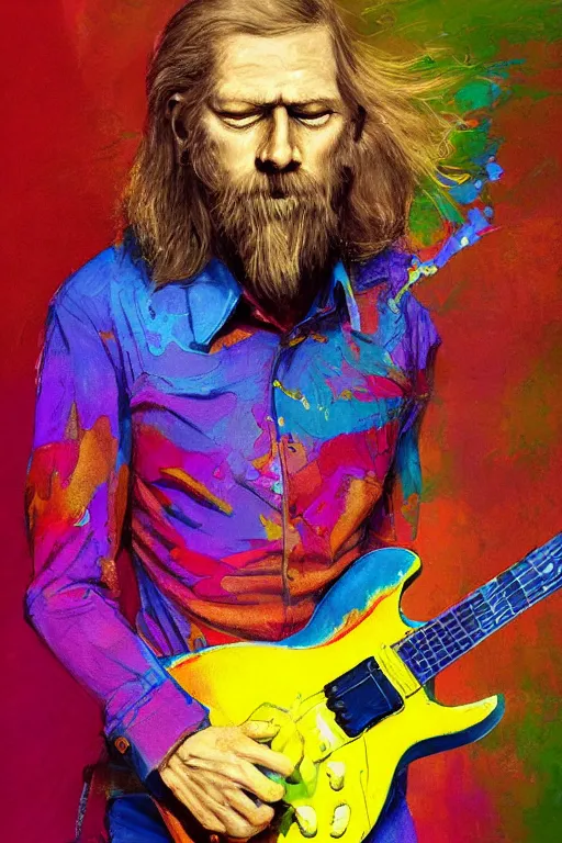 Image similar to a professional painting of Duane Allman, in brightly colored psychedelic shirt, playing a guitar, long hair, beautiful bone structure, symmetrical facial features, intricate, elegant, digital painting, concept art, smooth, sharp focus, illustration, from StarCraft by Ruan Jia and Mandy Jurgens and Artgerm and William-Adolphe Bouguerea, epic, stunning, gorgeous, intricate detail, much wow, ultra realistic, photorealism, 4K, masterpiece, trending on artstation