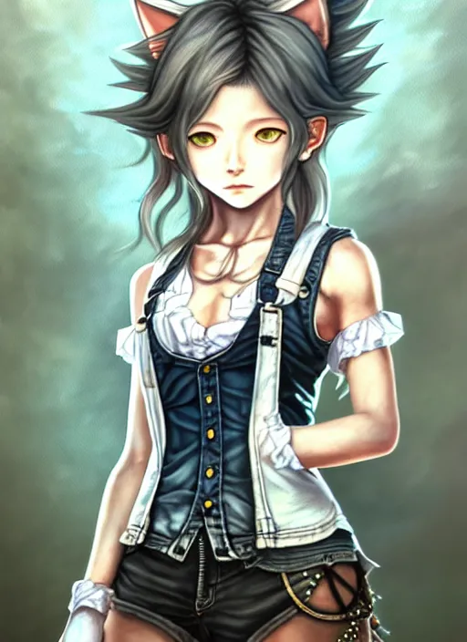 Image similar to a portrait of catgirl wearing white vest, and denim shorts an ultrafine detailed painting, detailed painting, detailed eyes!!, final fantasy octopath traveler lovecraft cosmc horror