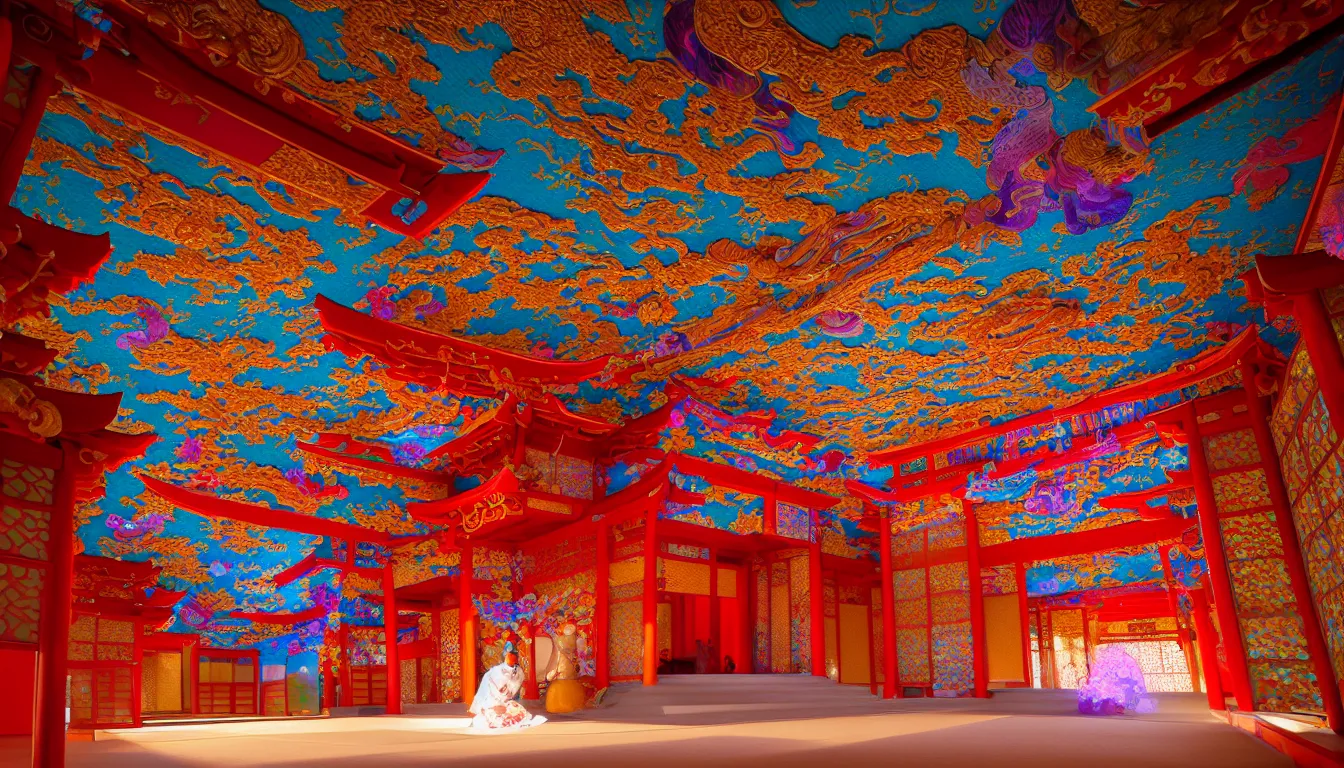 Image similar to volumetric lighting, flowing shimmering brilliant colourful fabrics, emerging sounds and an ancient male bearded face , inside a huge traditional Japanese Royal ornate temple , full colour , upscale , 4k