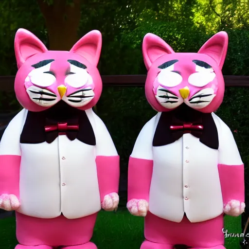 Image similar to in the style of elysecastro, cartoon anthropomorphic cat, male, waring a pink tux, brown furr