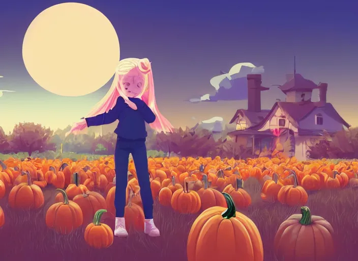 Image similar to little girl with long blonde hair visiting a pumpkin patch. she is facing away from the viewer. clean cel shaded vector art. shutterstock. behance hd by lois van baarle, artgerm, helen huang, by makoto shinkai and ilya kuvshinov, rossdraws, illustration, art by ilya kuvshinov