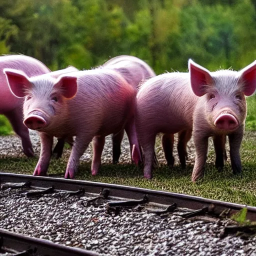 Prompt: pigs in a train, photo