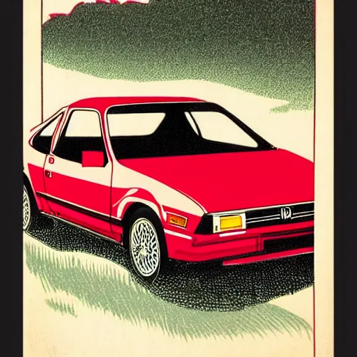 Prompt: japanese woodblock print of a 1 9 8 0 honda civic,