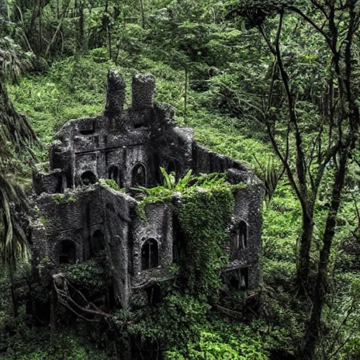 Prompt: Dark Castle Ruins surrounded by overgrown jungle. Post-Apocalyptical, vibrant nature.