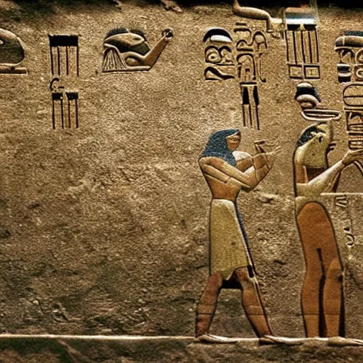 Image similar to ancient egyptian hieroglyphics depicting the first contact with alien life