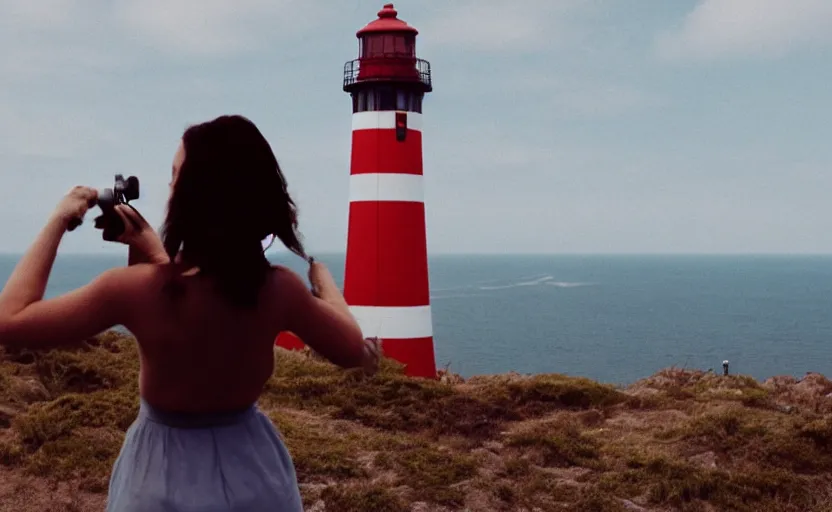 Image similar to a woman standing at the top of a lighthouse using binoculars, a screenshot by wes anderson, tumblr, video art, wide lens, filmic, criterion collection, symmetry