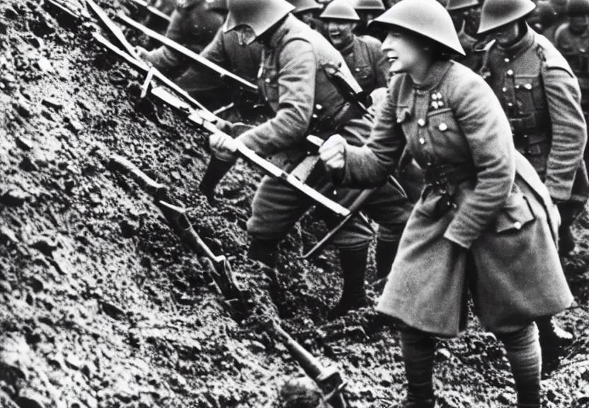 Image similar to detailed photo of queen elizabeth ii fighting in the trenches in ww 1