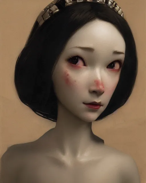 Image similar to hyper realistic photo portrait android porcelain doll face geisha cinematic, artstation, cgsociety, greg rutkowski, james gurney, mignola, craig mullins, brom, ghibli