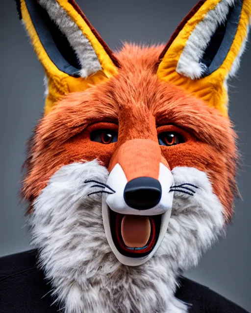 Prompt: portrait photo headshot still of a fursuit, 8 k, 8 5 mm f 1. 8, fursuit, fox