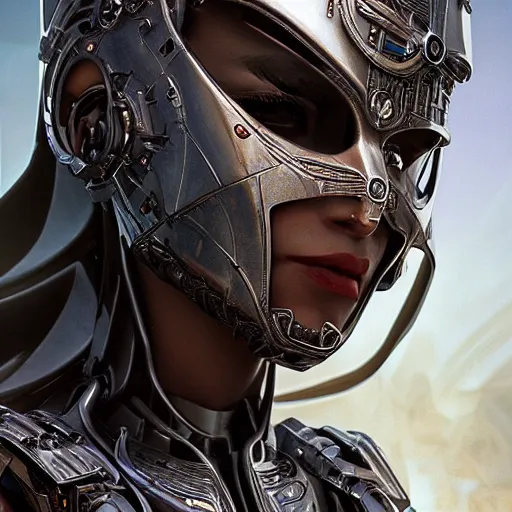 Prompt: close - up evil scifi subsurface wax cyborg android queen wearing a medieval helmet, ultra realistic, concept art, intricate details, serious, highly detailed, photorealistic, octane render, 8 k, unreal engine, art by todd mcfarlane and artgerm and greg rutkowski and alphonse mucha