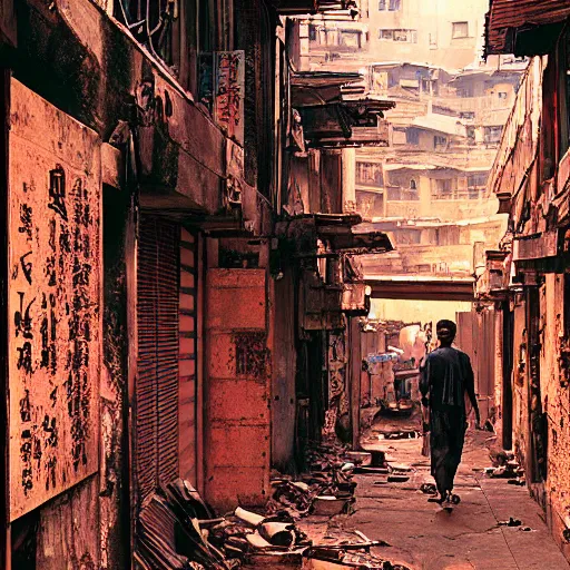 Image similar to wideangle view of an alley in kowloon walled city, dirty, decaying, golden hour, cinestill, art by syd mead