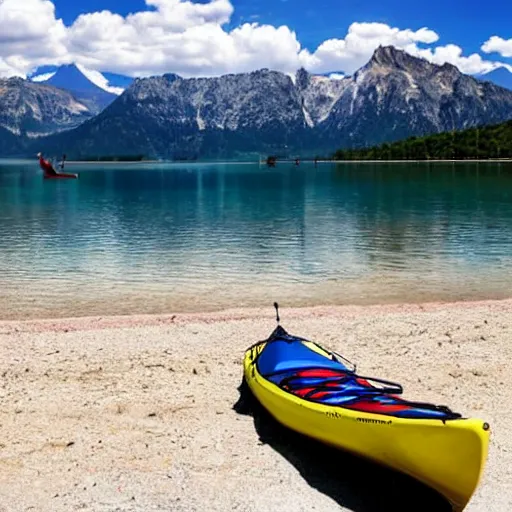 Image similar to a beautiful image of a breathtaking lake with amazing mountains in the background, there is a kayak in the foreground on the beach. landscape image