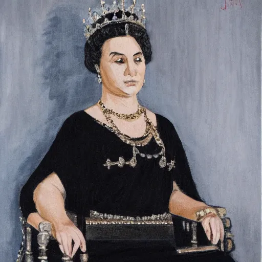 Image similar to an illustration of a queen wearing a beautiful black dress on a simple stone throne by john hawe, realistic, detailed, oil painting