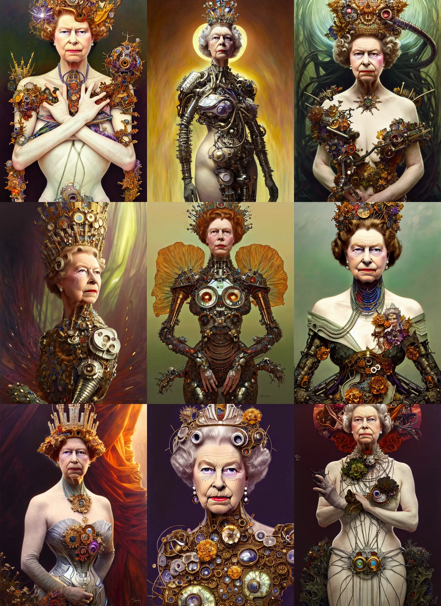 Prompt: queen elizabeth as a organic cyborg, diffuse lighting, fantasy, intricate, elegant, highly detailed, lifelike, photorealistic, digital painting, artstation, illustration, concept art, smooth, sharp focus, art by john collier and albert aublet and krenz cushart and artem demura and alphonse mucha
