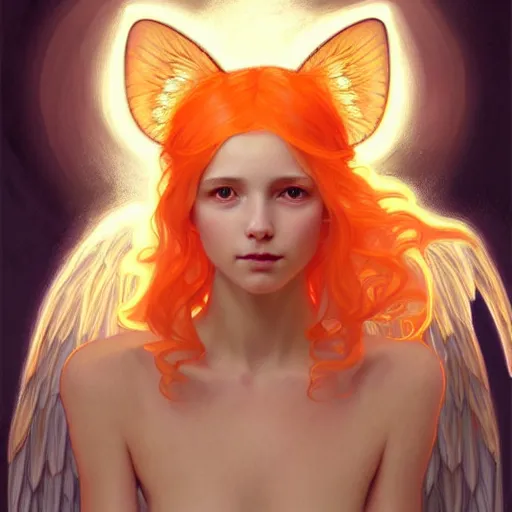 Image similar to Portrait of a girl angel with pale orange colored frizzy strands of illuminated hair, cat ears on her head, glowing halo, wings on her back, fantasy, intricate, elegant, highly detailed, digital painting, artstation, concept art, smooth, sharp focus, illustration, art by Krenz Cushart and Artem Demura and alphonse mucha