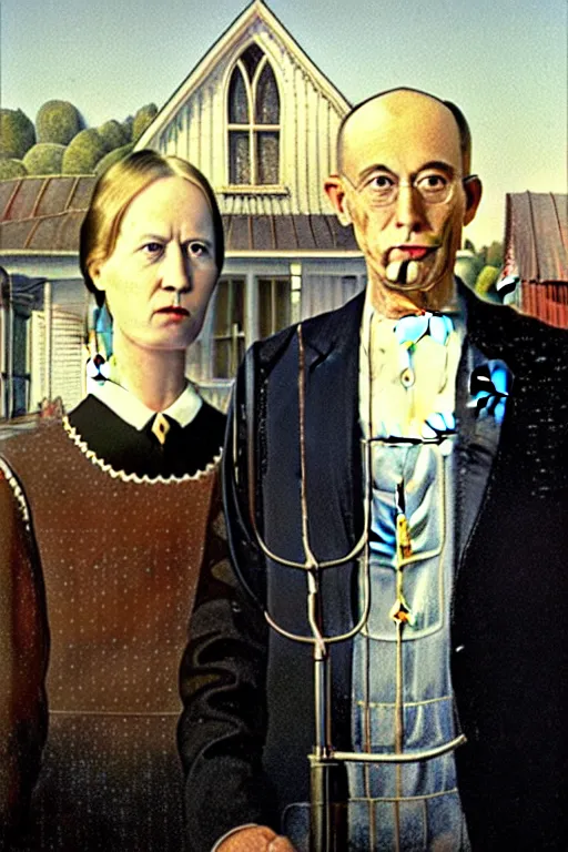 Prompt: Elon Musk with Dmitry Rogozin in style of a painting American Gothic by Grant Wood,