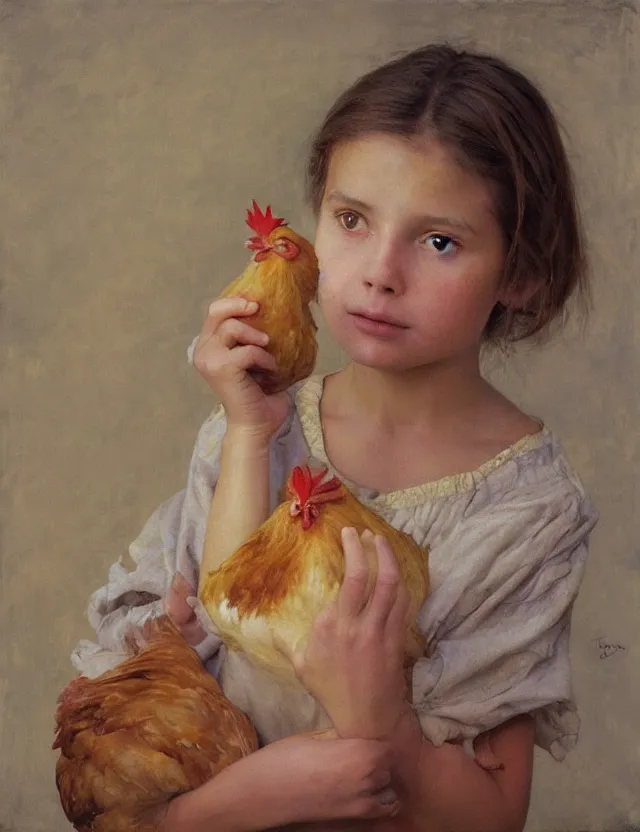 Prompt: portrait of little peasant girl holding a chicken, cottage core, cinematic focus, polaroid photo bleached vintage pastel colors high - key lighting, soft lights, foggy, by steve hanks, by lisa yuskavage, by serov valentin, by tarkovsky, 8 detailed, oil on canvas