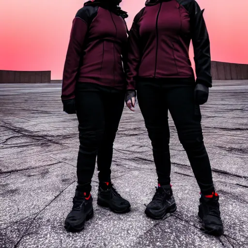 Prompt: photograph of 2 women wearing black techwear in front of a brutalist sharp - edged metal building, on a desolate plain, red eerie sky, sigma 8 5 mm f / 1. 4, 4 k, depth of field, high resolution, 4 k, 8 k, hd, full color