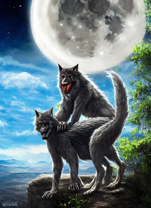 Prompt: a werewolf and a human child sitting next to each other, looking at the moon, fantasy art, matte painting, highly detailed