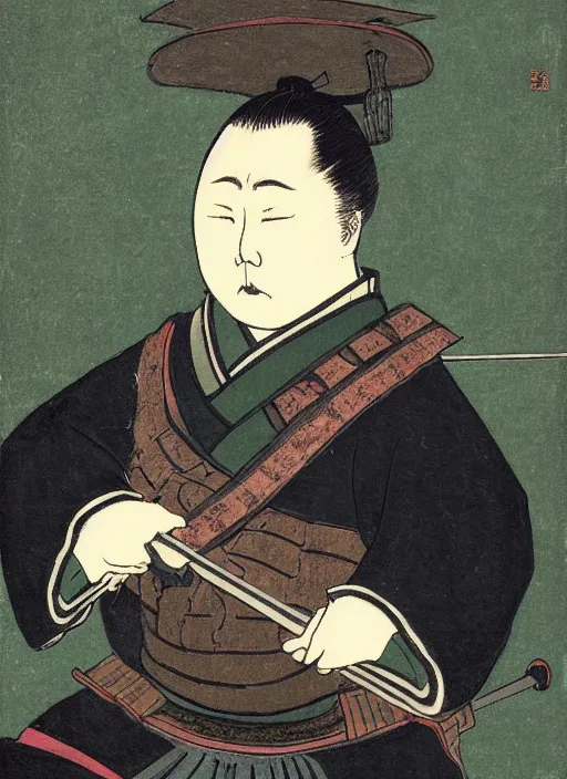 Image similar to portrait of a very very rotund samurai holding a pistol