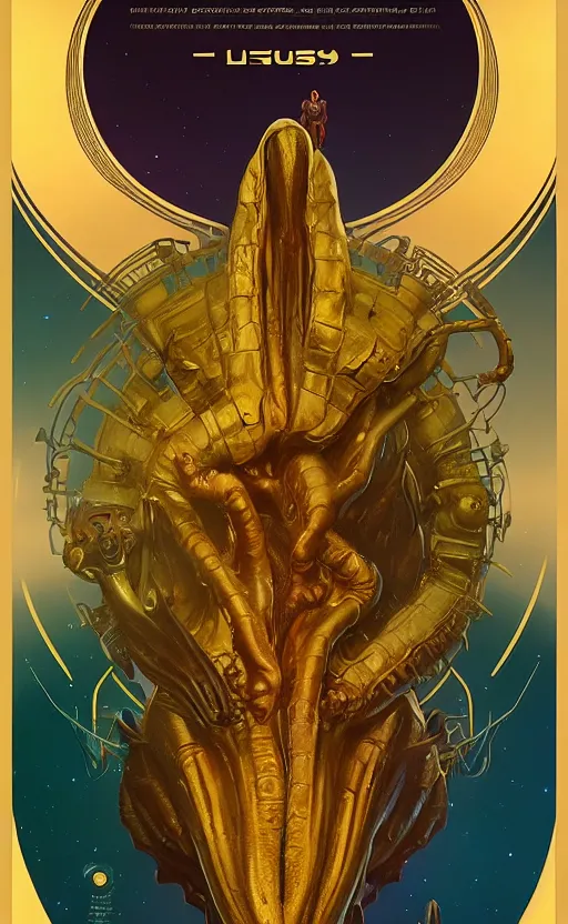 Image similar to exquisite imaginative alien creature poster art, text saying being from beyond, gold, movie art, looming, by lucusfilm, weta studio, alphonso mucha, james jean, frank frazetta, 8 k, denoised, sharp, crisp, high quality, cinematic