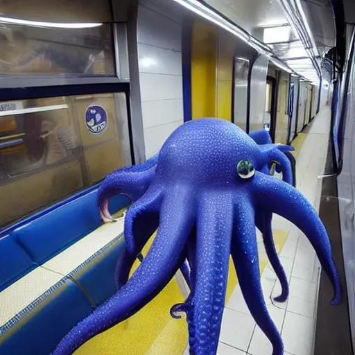 Prompt: of a giant octopus invading a interior of a subway train in new york,