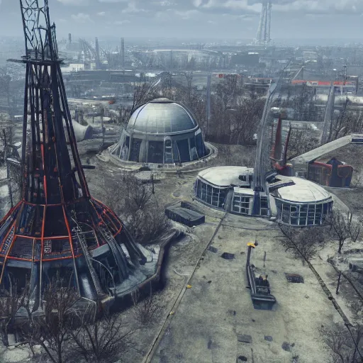 Image similar to the atomium from belgium in fallout 4, screenshot, high res, raytracing