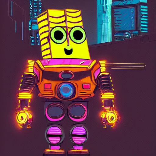 Prompt: cyberpunk robotic spongebob, sharp lines, digital, artstation, colored in