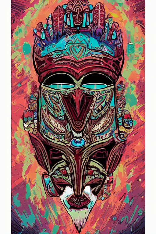 Image similar to totem animal mask tribal feather gemstone plant wood rock shaman vodoo video game vector cutout illustration vivid color borderlands comics by josan gonzales and dan mumford radiating a glowing aura