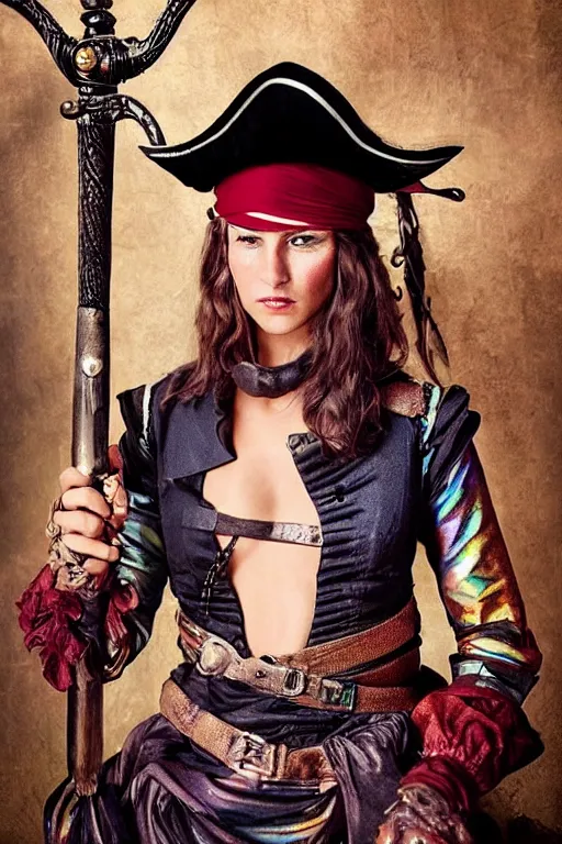 Image similar to a swashbuckling woman pirate portrait in national geographic, her clothing is sheer and futuristic, painted with iridescent bodypaint