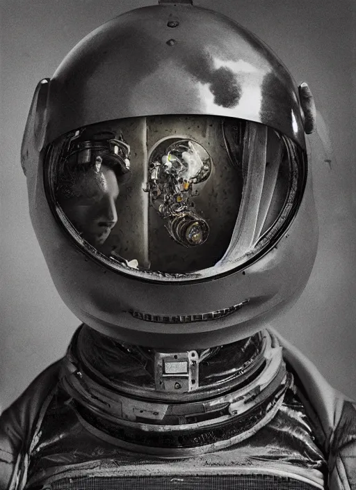 Prompt: old wetplate daguerreotype portrait of a futuristic space astronaut cyborg striking a model pose, fractal, intricate, elegant, highly detailed, parallax, leica, medium format, subsurface scattering, by jheronimus bosch and greg rutkowski and louis jacques mande daguerre