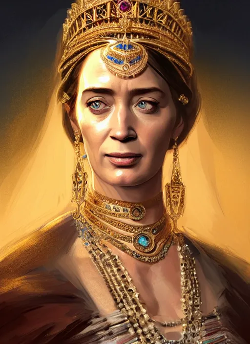 Prompt: portrait of emily blunt as indian queen, jewelry, greek, sapphire, victorian age, 1 8 9 0, intricate, headshot, key visual, conceptart, ambient lighting, highly detailed, digital painting, artstation, concept art, sharp focus, by makoto shinkai and akihiko yoshida and greg manchess