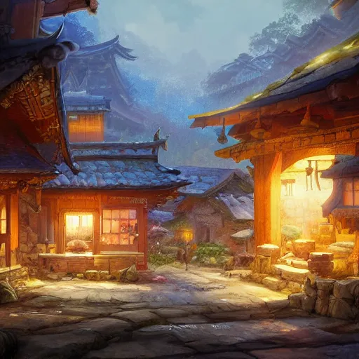 Image similar to concept art painting of a cozy village at night in a mountainous forested valley, historic european and japanese architecture, realistic, detailed, cel shaded, in the style of makoto shinkai and greg rutkowski and james gurney