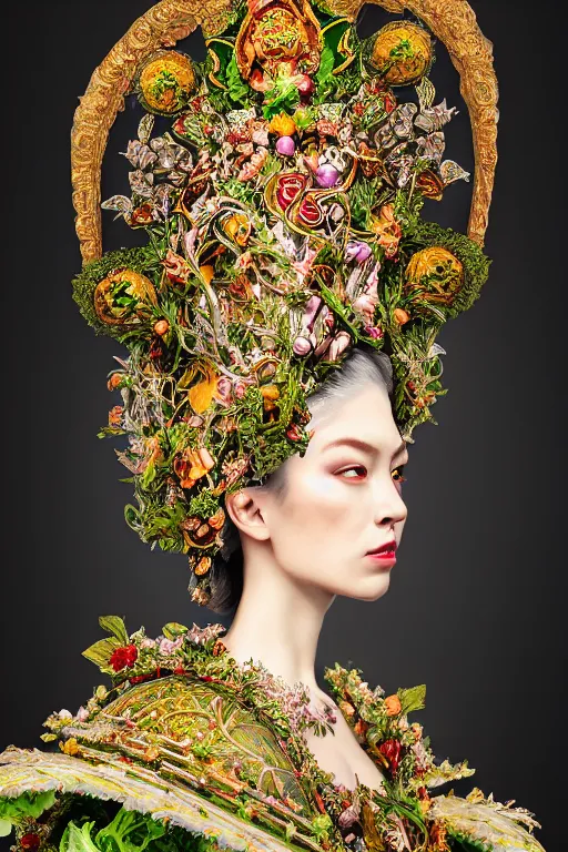 Image similar to a beautiful empress portrait, with a brilliant, impossible striking big salad headpiece, clothes entirely made out of salad, everything salad, symmetrical, dramatic studio lighting, rococo, baroque, greens, asian, hyperrealism, closeup, D&D, fantasy, intricate, elegant, highly detailed, digital painting, artstation, octane render, 8k, concept art, matte, sharp focus, illustration, art by Artgerm and Greg Rutkowski and Alphonse Mucha