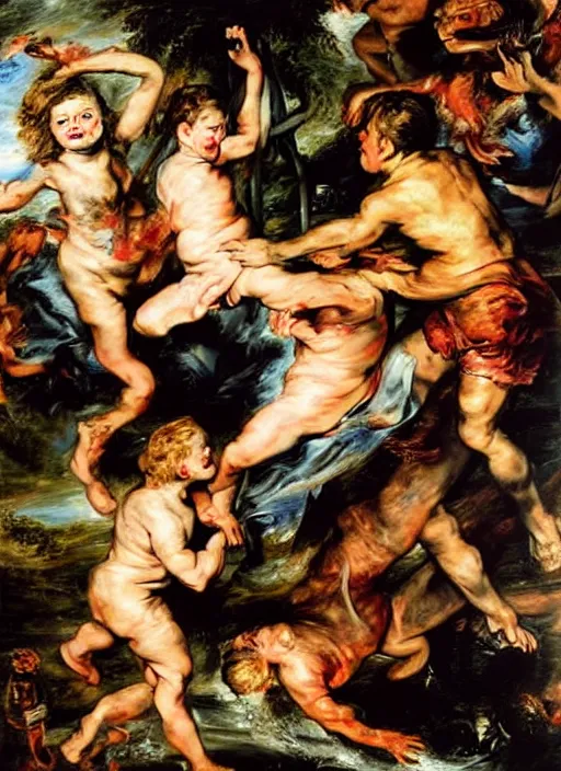 Prompt: adventure playground accident, adventure playground accident, adventure playground accident, oil on canvas by peter paul rubens. style fall of the damned by peter paul rubens