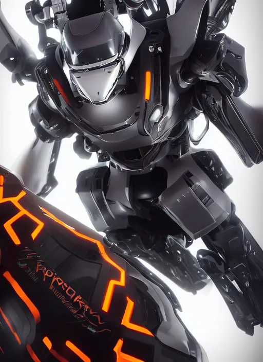 Image similar to a Photorealistic dramatic hyperrealistic full frame render of a Sleek futuristic exosuit Freedom Formula Racing Mech,Ultra realistic details,glossy white metal,Orange racing stripes,weathered surfaces,by Hidetaka Tenjin,Yoh Yoshinori,Yoji Shinkawa,Masamune Shirow,Beautiful dramatic dark moody tones and lighting,cinematic atmosphere,studio lighting,shadows,dark background, Octane render,8K