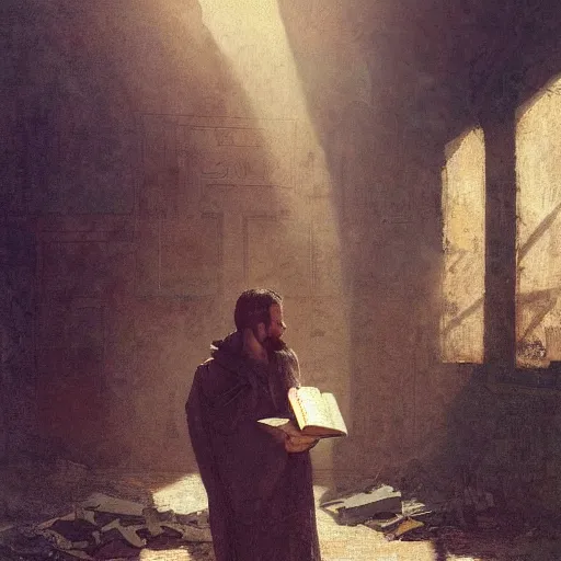 Image similar to half portait of magican wearing a cowl with big old book!, jeremy mann, jean leon gerome, tiepolo, alphonse mucha, greg rutkowski, face in the shadows, ( ( ruins of ancient rome ) ), at dusk, mysterious atmosphere, sunrays, dof, masterpiece, high detailed, 8 k