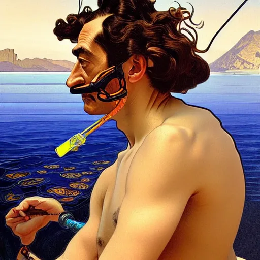 Prompt: portrait of salvador dali snorkeling in cap de ras, highly detailed, digital painting, artstation, sharp focus, illustration, art by tan zi and alphonse mucha